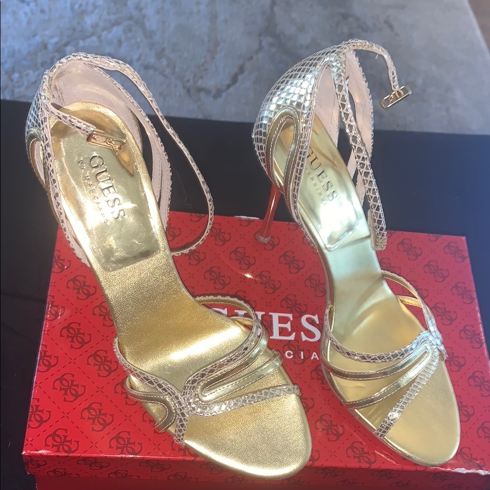 GUESS Women's Gold Multi-leather Strappy Heels